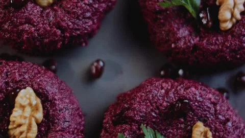 Refined serving detail: capturing walnut and beet texture Stock Footage 342200491
