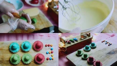 Refined tabletop sequence of preparation and final cookies in split screen Video stock 342156243