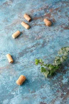 Refined textural background and corks for wine. Copy space. Place for your te Stock Photos