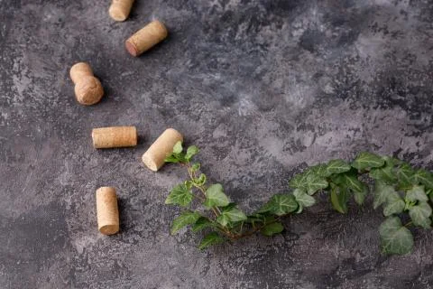Refined textural background and corks for wine. Copy space. Place for your te Stock Photos