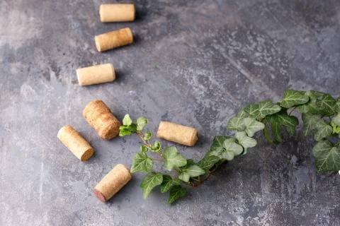 Refined textural background and corks for wine. Copy space. Place for your te Stock Photos