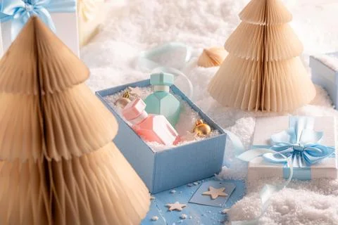 Refined winter scent notes inspiring a luxury bottle package. Stock Photos