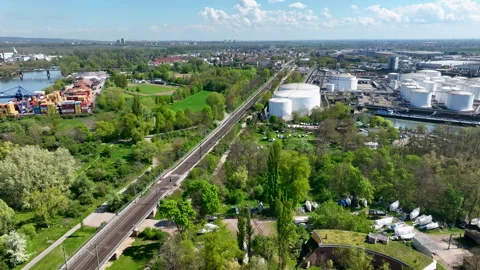 Refinery and railroad track at River Rhine Stock Footage 333317015