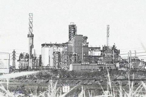 Refinery bw complex metal building Stock Illustration