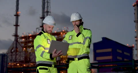Refinery engineer explains operational report beside technician holding laptop Stock Footage 341474955