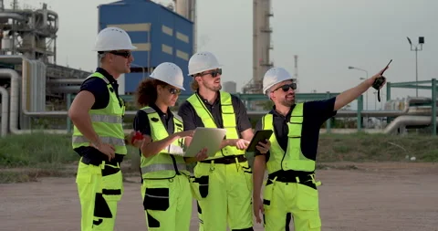 Refinery engineer points walkietalkie toward industrial structure while 库存影片 335606516