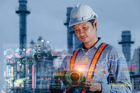 Refinery engineer worker using tablet device monitor display digital analyt.. Stock Photos