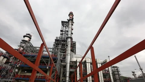 Refinery fireplace over cloudy sky slider shot Stock Footage 142736783