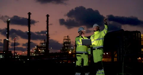 Refinery supervisor points toward industrial tower while female engineer reviews Stock Footage 335607208