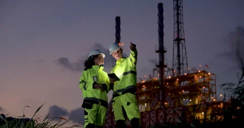 Refinery supervisor points toward industrial tower while female engineer reviews Stock Footage 338425254