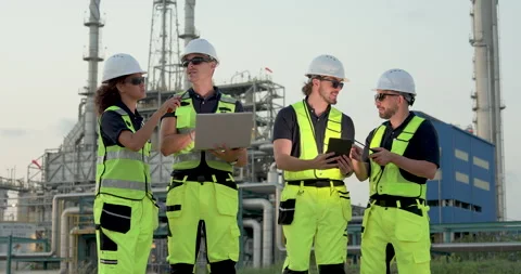 Refinery supervisor reviews laptop data with multiracial engineer and technician Stock Footage 338425013