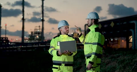 Refinery technician reviews laptop while engineer communicates through Stock Footage 341477533