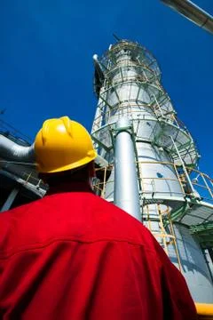 Refinery worker in red work wear and yellow hardhat on oil refinery plant. Stock Photos