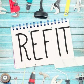 Refit against tools and notepad on wooden background Stock Illustration