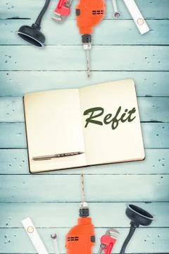 Refit against tools and notepad on wooden background Stock Illustration