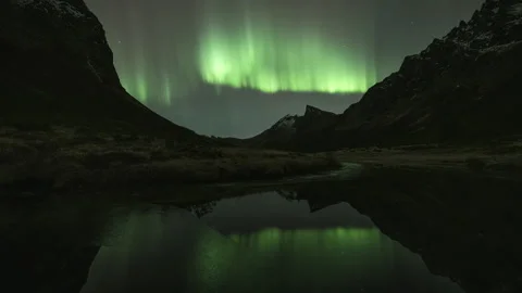 Reflected Aurora Borealis in a half-frozen mountain river Stock Footage 266922880