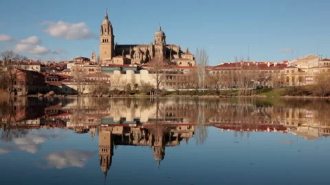Reflected image of Salamanca Cathedral in the River Tormes Stock Footage 133044713