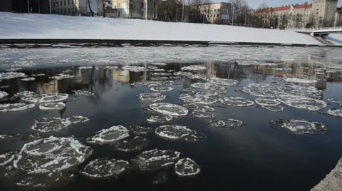 Reflected in the river city views floats large pieces ice Stock Footage 22788536