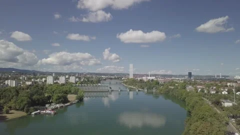 Reflected Roche Tower Across Industrial Rhine Stock Footage 331915892