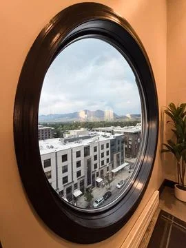 Reflected view of downtown Bozeman through a round mirror Stock Photos