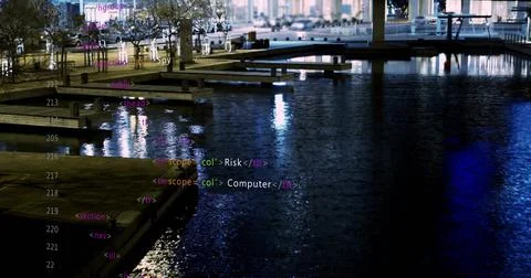 Reflecting calm pool featuring wooden piers at harbor, code overlay and people Stock-Fotos