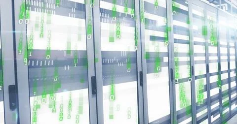 Reflecting glass server racks in data center corridor showing servers LED lights Stock Photos