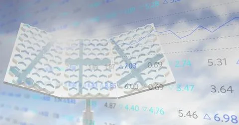 Reflecting hexagonal mirror array tilting at open sky, with overlaid financial 스톡 일러스트