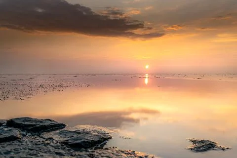 Reflecting mudflats all twilight with setting sun Stock Photos