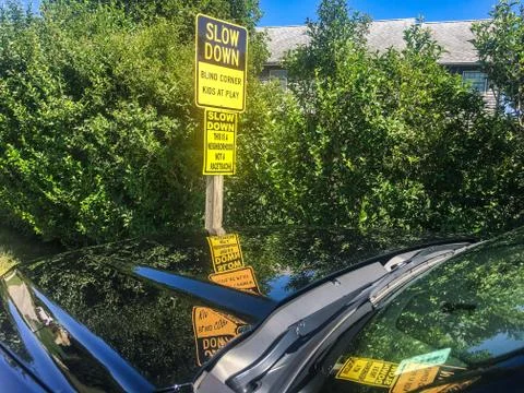 Reflecting Shot Of "SLOW DOWN" Sign Stock Photos