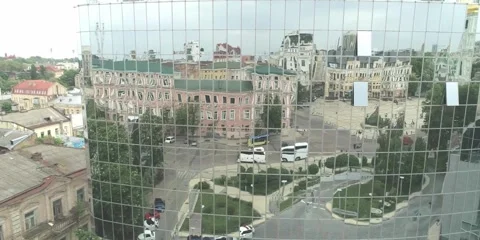 Reflection architecture business, panoramic skyscraper building, office city gla Stock Footage 262954475