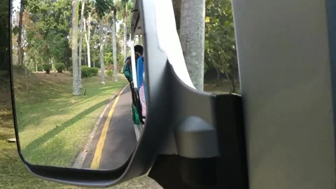 Reflection of asphalt roads, using electric cars through tall trees Stock Footage 146199932