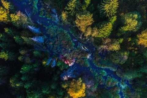Reflection of the balloon in the river from height of bird's flight during fl Stock Photos