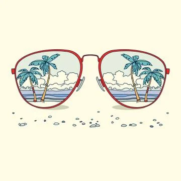 Reflection of the beach, palm trees, beach in sunglasses Stock Illustration