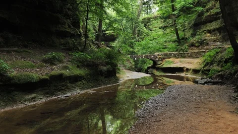 Reflection of a Beautiful Stone Bridge in the Water at Hocking Hills State Park Stock Footage 101319516
