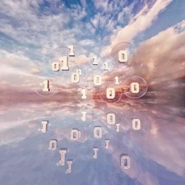 Reflection of binary code floating in sky 스톡 일러스트