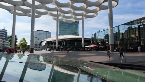 Reflection of bollendak canopy on glass windows at Utrecht Centraal Stock Footage 344458134