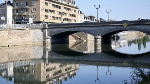 Reflection of a bridge over the Sarthe River, Le Mans, France. Stock Footage 95719824
