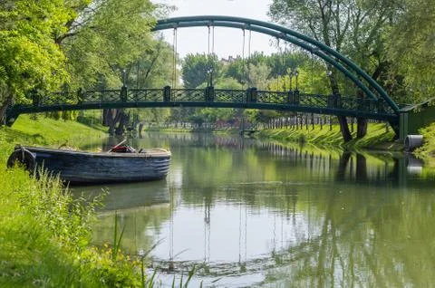 Reflection of the bridge in the water, boat,alone, Stock Photos