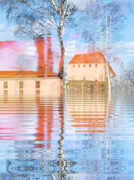 Reflection of the building and trees in the water - Larvik Stock Photos