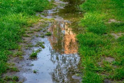 Reflection of a building on a puddle in a grassy area after rain Fotos de archivo