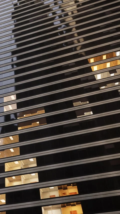 Reflection of buildings in the glass structure during evening hours Stock Footage 342183220