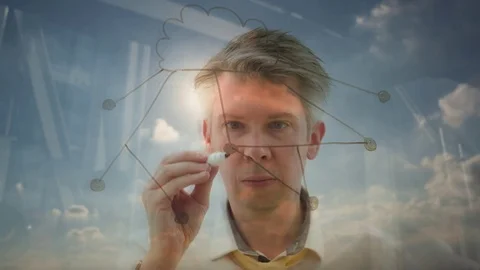 Reflection of a businessman brainstorming drawing an image of a cloud network Video stock 80733046