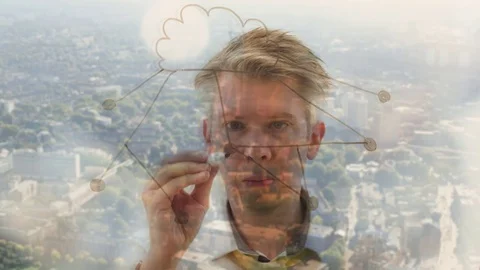 Reflection of a businessman drawing an image of a cloud network Video stock 80732531