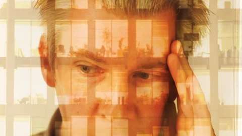 Reflection of a businessman looking at a modern office at night Video stock 104254902