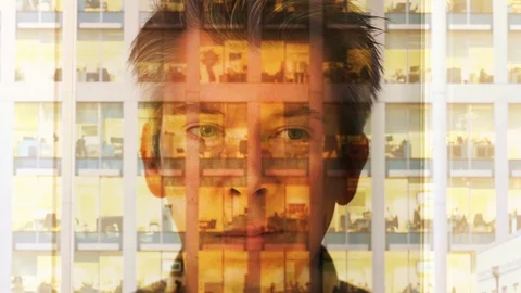 Reflection of a businessman looking at a modern office at night Video stock 104256991
