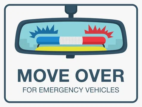 Reflection in a car rear mirror of an emergency vehicle. Red and blue flashing. Stock Illustration