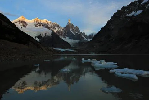 Reflection of Cerro Torre in Laguna Torre, Patagonia, Argentina Stock Photos