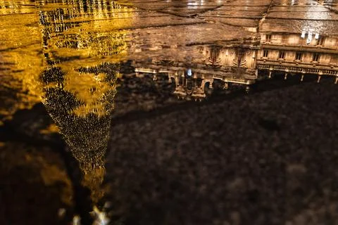 Reflection of Christmas tree and historic building in Plaza Mayor, Salamanca Stock Photos