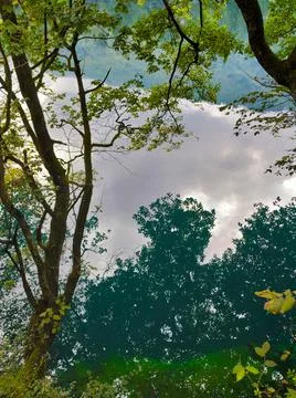 Reflection of clouds and trees in mountain lake on cloudy day Stock Photos