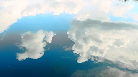 Reflection of clouds in a blue lake Stockbeeldmateriaal 129728351